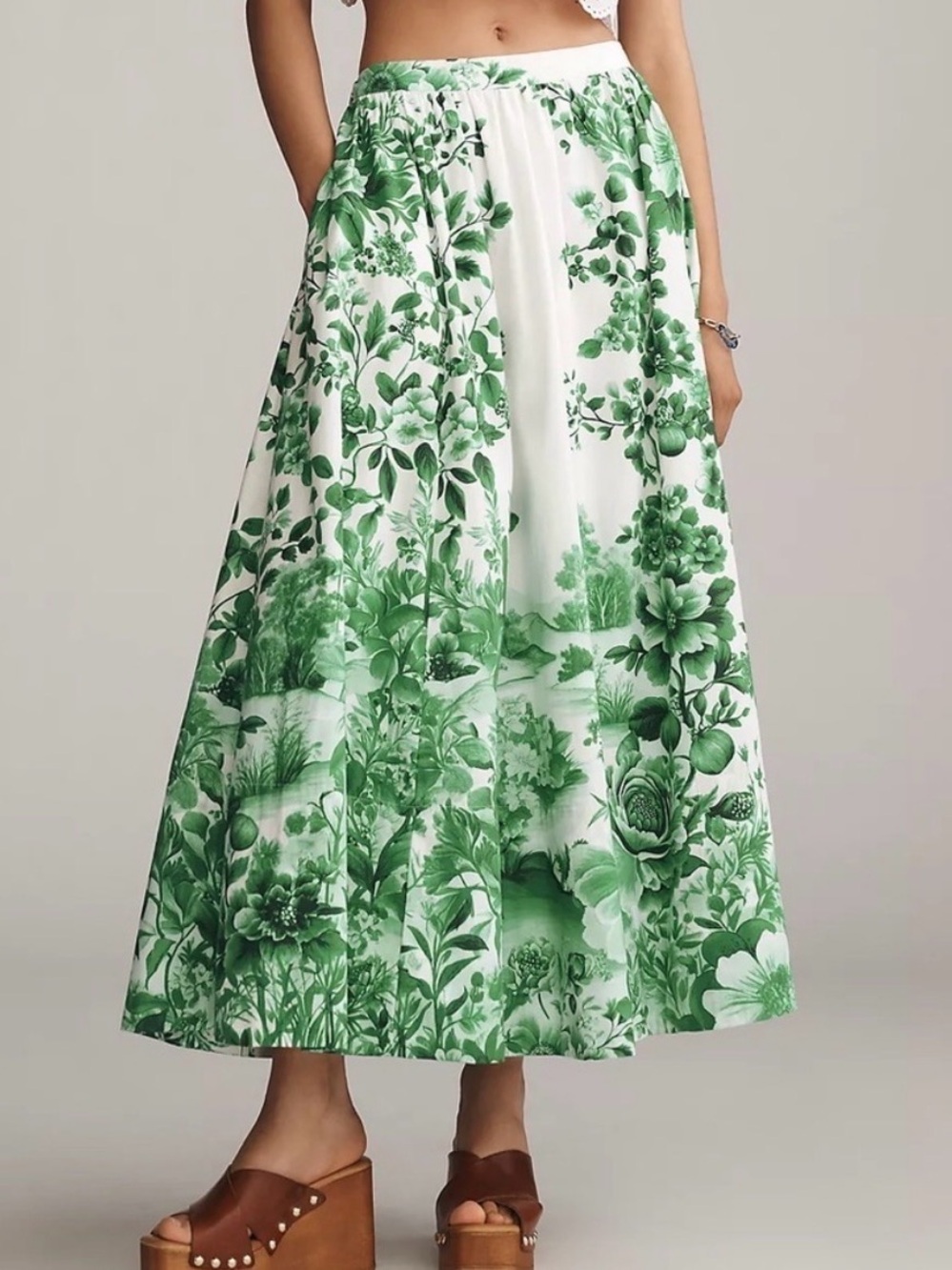 Anthropologie White and Green Botanical Maxi Skirt